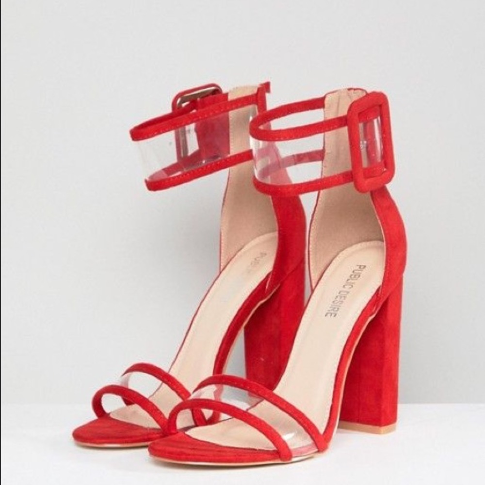 Public Desire Red Clear Strap Block Heel. NEW